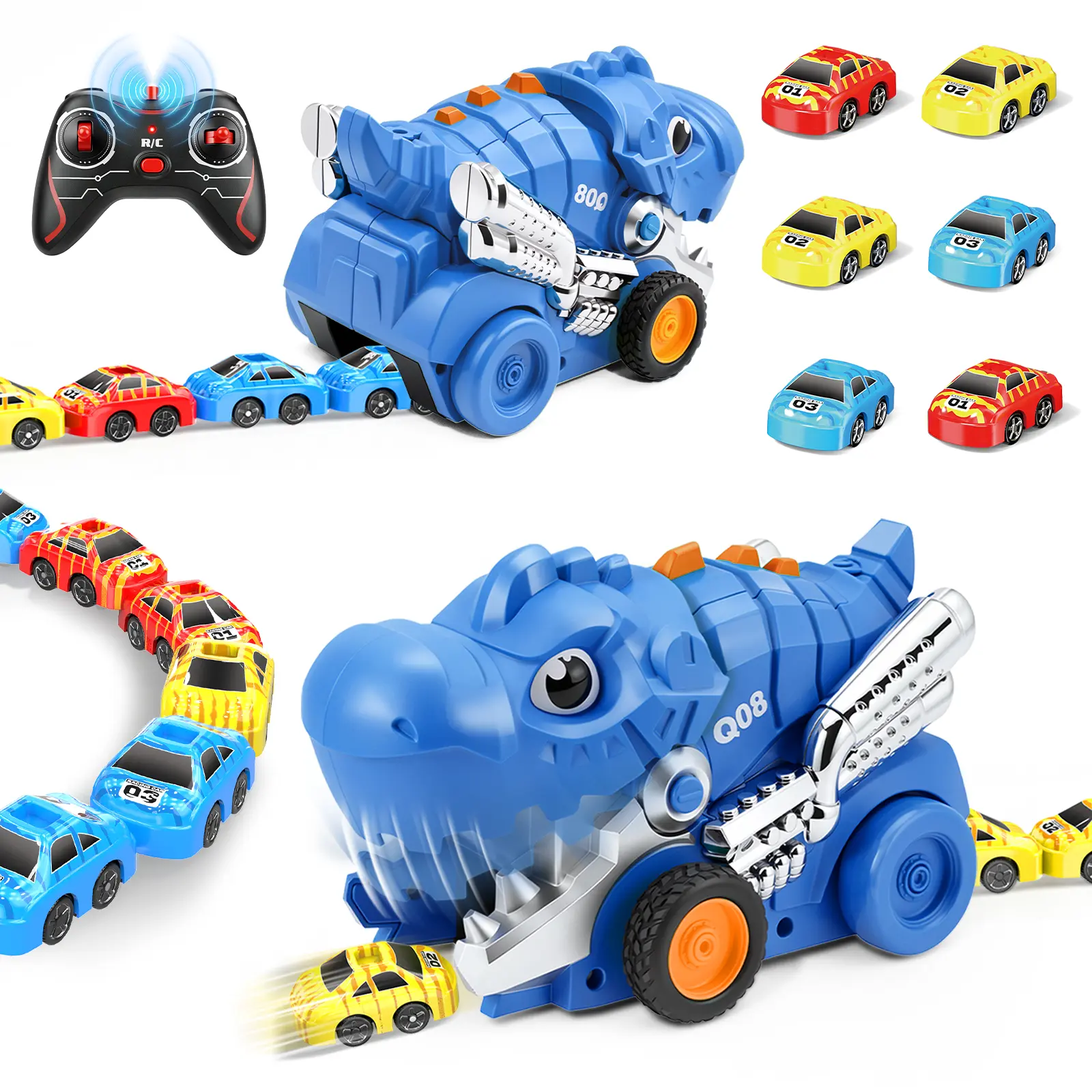 Dinosaur Remote Control Car Toys for Kids, 2.4GHz RC Dino Eating Car Toy with 6 Magnetic Cars & Music Dino Truck Birthday Gifts Toys for 3 4 5 6 7 8 9 10 11 12 Year Old Boys Girls