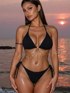 2-Piece Solid Color Halter Bikini Set - Sexy Burgundy Purple Beachwear - Rich & Elegant Beach Style