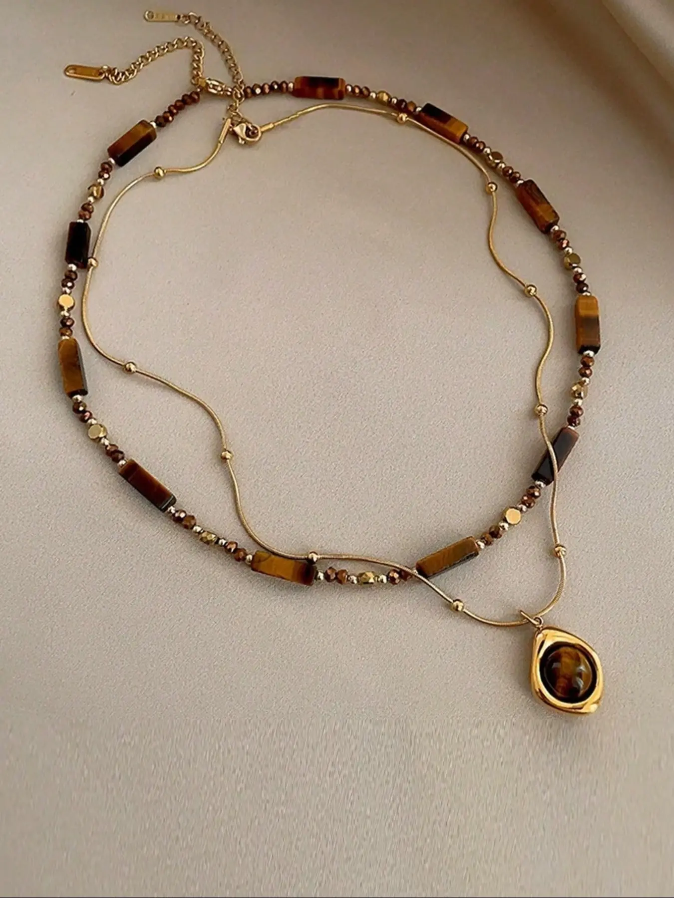 Women's Stainless Steel Necklace Set, Vintage Artificial Tiger's Eye Stone Pendant Jewelry, Artificial Gemstone Necklace for Daily Wear & Gifts, Layered Necklaces, Fashion Accessory Necklace, Fashion Necklace (The color of the stone is random)