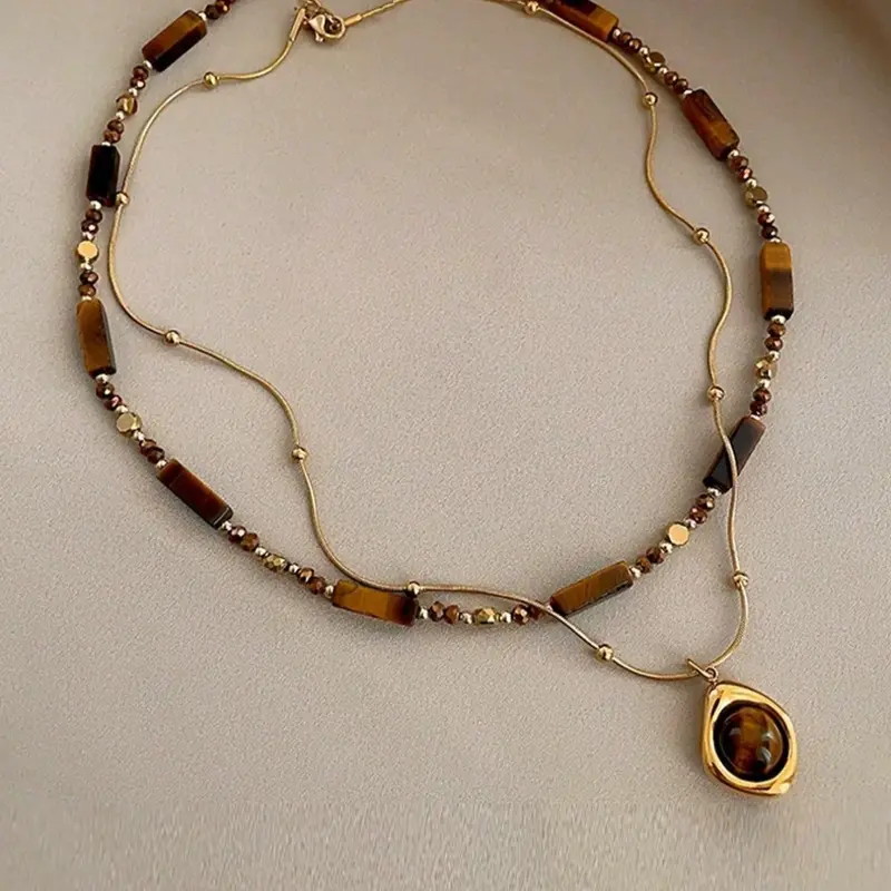 【Black Friday】Women's Stainless Steel Layered Necklace Set, Vintage Artificial Tiger's Eye Stone Pendant Necklace, Artificial Gemstone Necklace for Daily Wear & Gifts, Stackable Necklace (Stone Color Random)