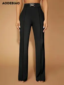 Women's New Suit Pants Fashion High Waist Belted Straight Leg Comfortable Casual Daily Wear, Pure Color Slim Fit Lady Womenswear