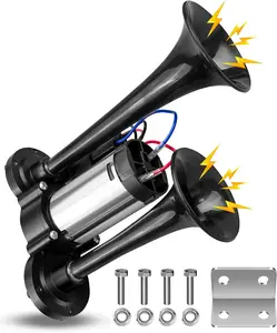 12V 120DB Upgrade Super Loud Dual Electric Black Train Horns for Trucks SUVs Cars Boats Motorcycles Dual Trumpets Air Horn Kit with Compressor