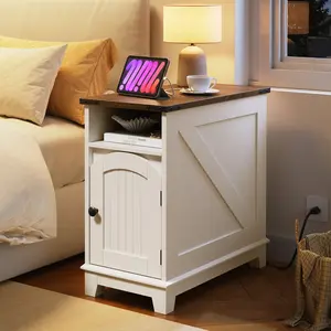 HOOBRO Narrow Farmhouse End Table with Charging Station, Slim Side Table for Living Room, Small Nightstand, Narrow End Tables for Living Room & Small Spaces, Flip Top, White and Walnut