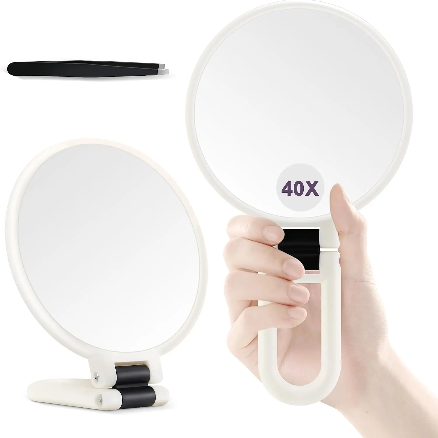 40X Magnifying Mirror, Hand Mirror with Handle, Double Sided Hand Mirror with 40X/1X Magnification, Travel Essential Portable Foldable Makeup Mirror for Precision Makeup White