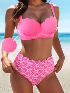 Women's Two-Piece Set, Small Stripe Thick Shoulder Straps, Hard Cup Steel Support, Petal Edge Fashion Casual Swimwear, Flower Print Bikini