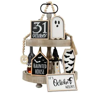 Halloween Decorations Set, 6-Piece Layered Tray Decor, Bat Coffin, Haunted House, Ghosts, Witches, October 31 Sign, Beaded Garland