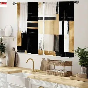 2D Flat 2Pcs Abstract Geometric Black Gold White Paint Splatter Curtains for Living Room Bedroom Kitchen Window Decor, Modern Art Style, High Definition Printing, Light Filtering, Durable Fabric, All-Season Decoration