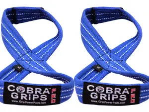 Cobra Grips PRO Figure 8 Loop Lifting Straps - Blue Cotton Blend Neoprene Padded for Deadlifts & Powerlifting - 60cm/70cm/80cm Sizes