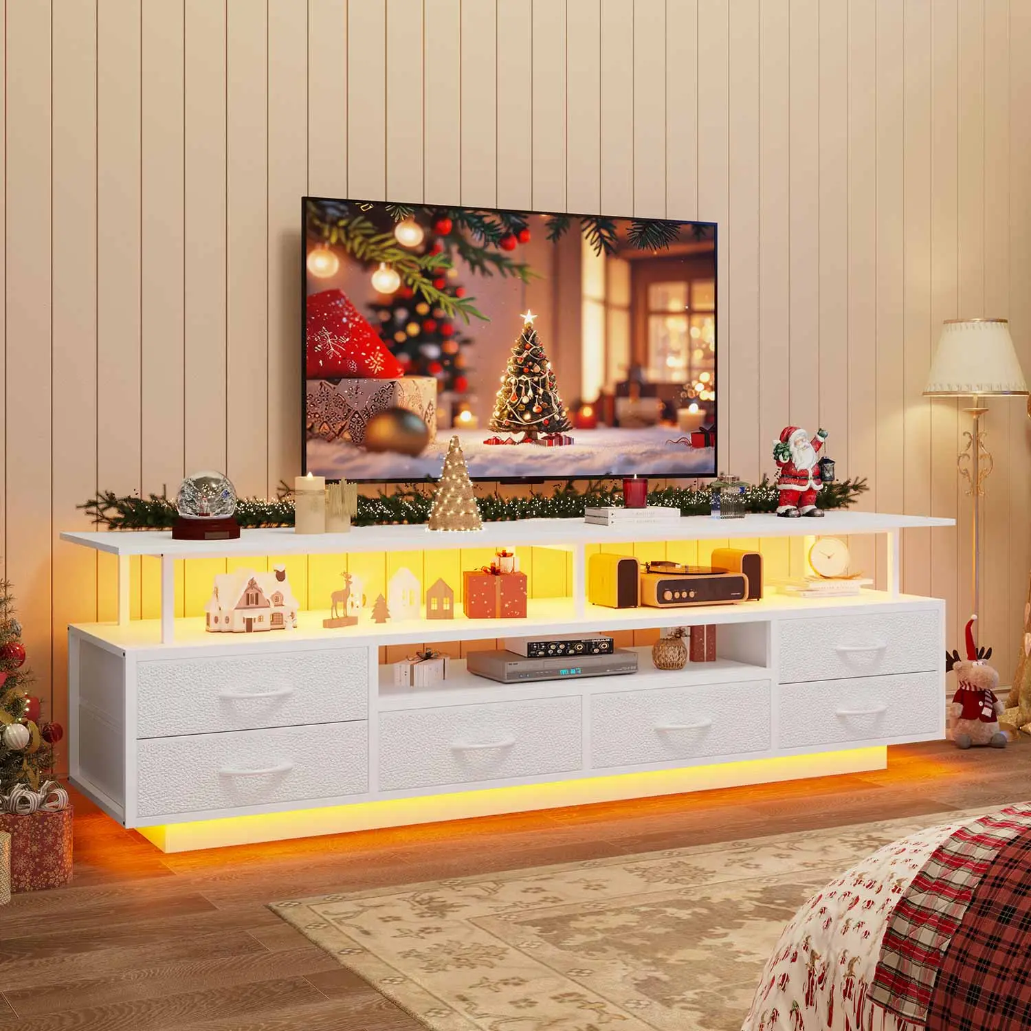 SIKAIC TV Stand with LED Lights and Power Outlets White Modern Entertainment Center for 55-70 Inch TVs 6 Drawers Integrated Charging Hub Dynamic LED Illumination, Led Tv Stands, Tv Console Cabinet