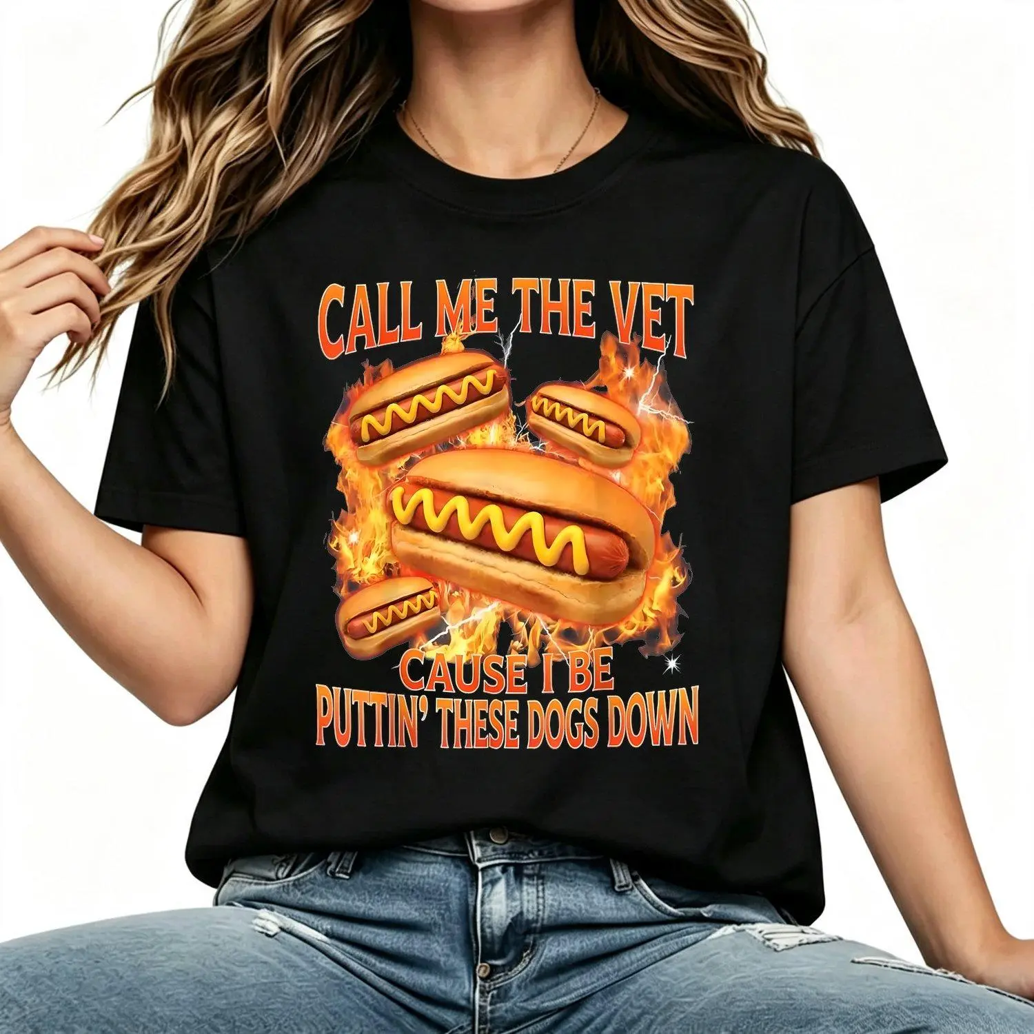 Women's Short-Sleeve Streetwear T-Shirt, Lady's Humorous "Call Me The Vet Cause I Be Funny Hard Hot Dog Meme" Bootleg Graphic Casual Stylish Apparel Top, Shortsleeve, Tshirt