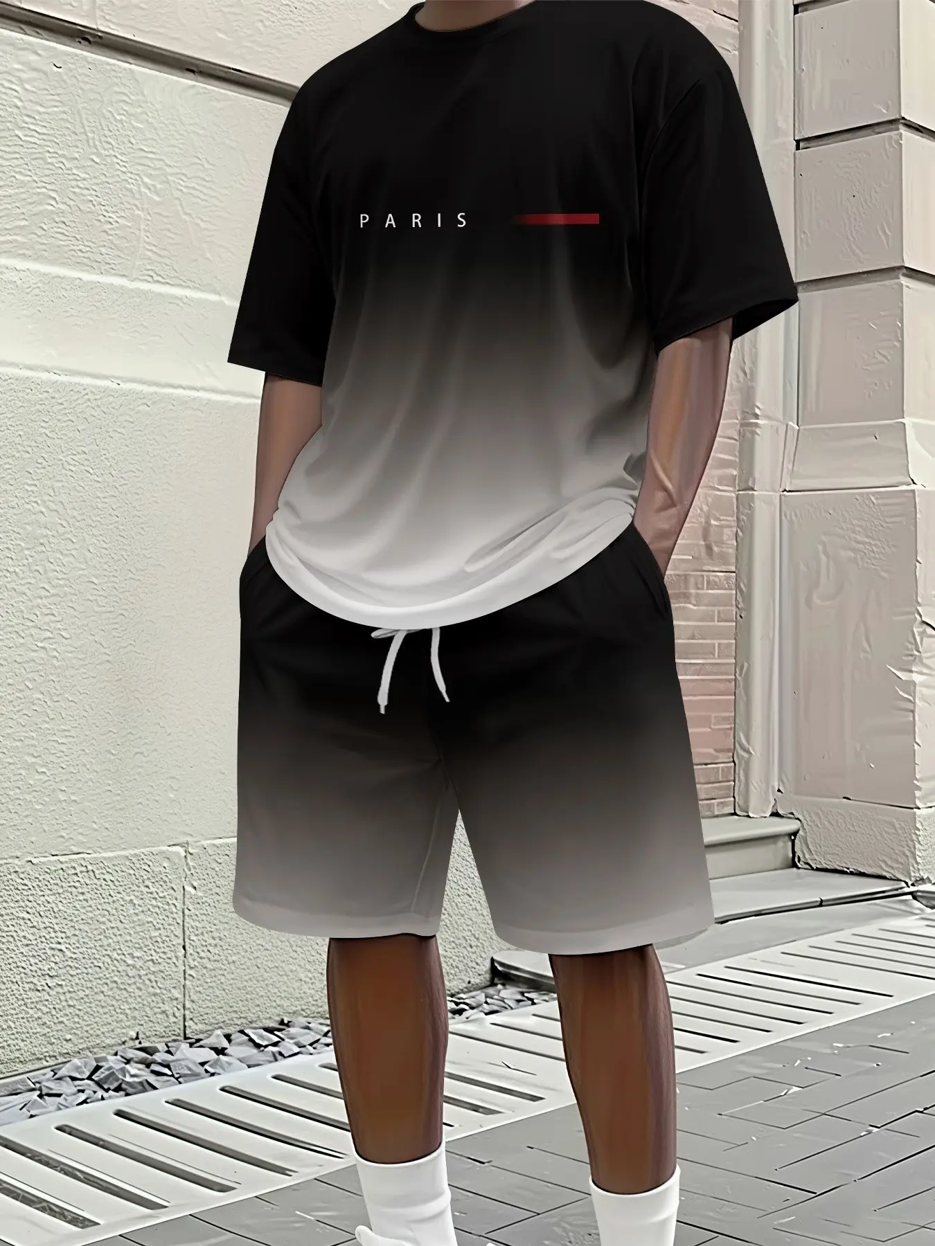 Men's Digital Print Gradient Set, Fashion Round Neck Men's Sports Tee, Gradient Color Summer Casual Graphic Loose-Fit Clothing
