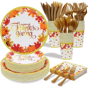 350 PCS Thanksgiving Disposable Dinnerware Set - Includes Dinner Plates, Dessert Plates, Cups, Napkins, Knives, Forks, Spoons - Maple Leaves Pumpkin Thanksgiving Party Supplies