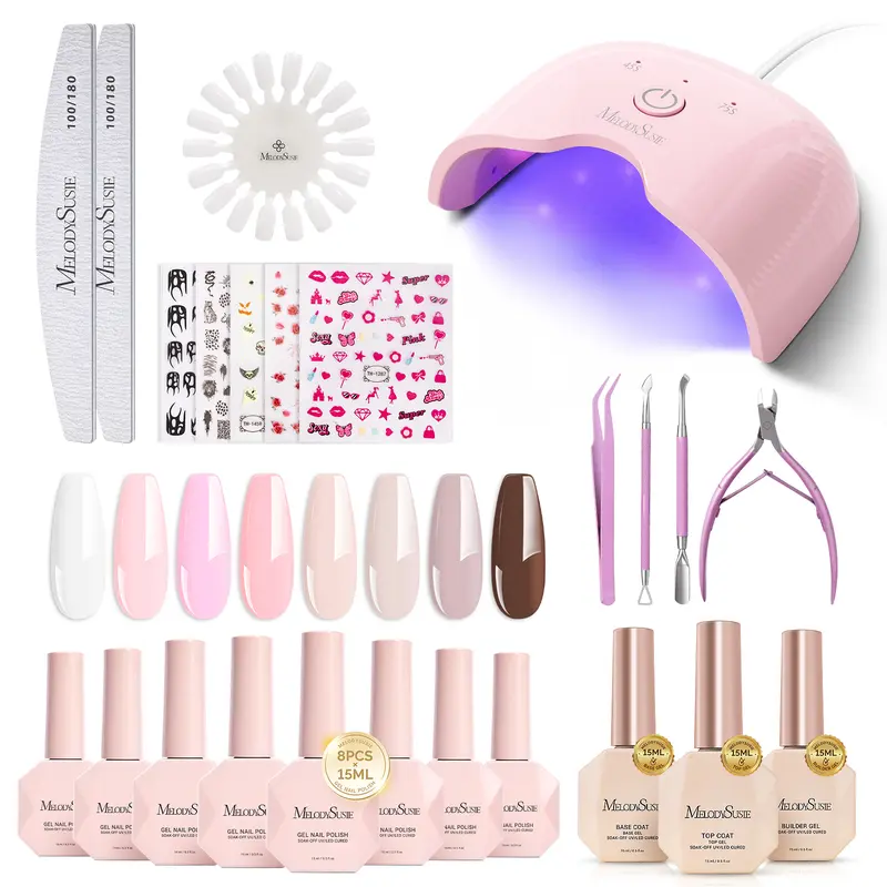 MelodySusie Gel Nail Polish Kit with UV Light P-ART06F- Popular Color Jelly Gel with Builder and Baser &Glossy Top Coat Soak Off Includes Nail Art Tools Nail Art Gift for Women & Girls Starter Kit