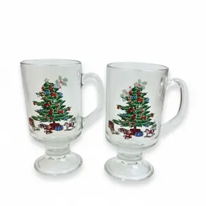 Vintage Christmas Tree Footed Glass Mugs Set of 2 Made in USA w/ Box