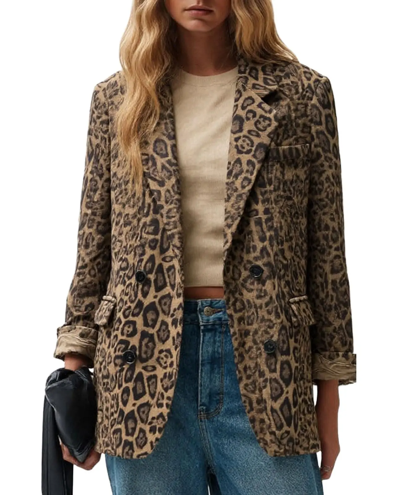 Ebossy Womens Notch Lapel Leopard Suede Blazer Jacket Double Breasted Cheetah Dressy Casual Work Short Coat