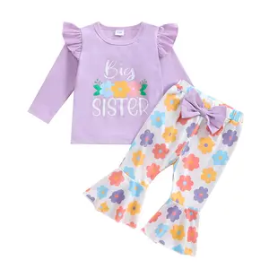 Toddler Girl Fall Outfits Big Sister Letter Print Long Sleeve Sweatshirt with Floral Flare Pants 2Pcs Clothes Set