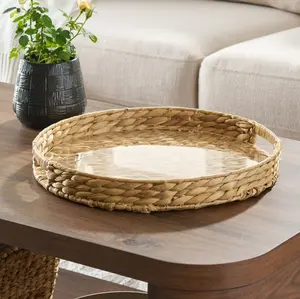 16-Inch Natural Water Hyacinth Decorative Tray with Clear Acrylic Insert, 1 Count