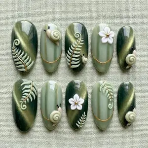 3D Snail Fern Press On Nails Green Cat Eye Floral Nature Metallic Gold Charm