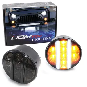 iJDMTOY Smoked Lens LED Front Turn Signal Lamp Assembly For Jeep 2007-17 Wrangler (White LED Vertical Bars For Driving/DRL & Amber LED Dots For Turn Signal Lights)