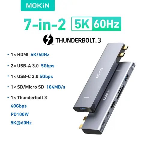 MOKiN 7 in 2 USB Hub Adapter, Mac Dongle for MacBook Pro/Air with 4K HDMI, 2x USB 3.0, TF/SD, USB-C 100W and Thunderbolt3, Photographer, Portable Audio Usb Adapter