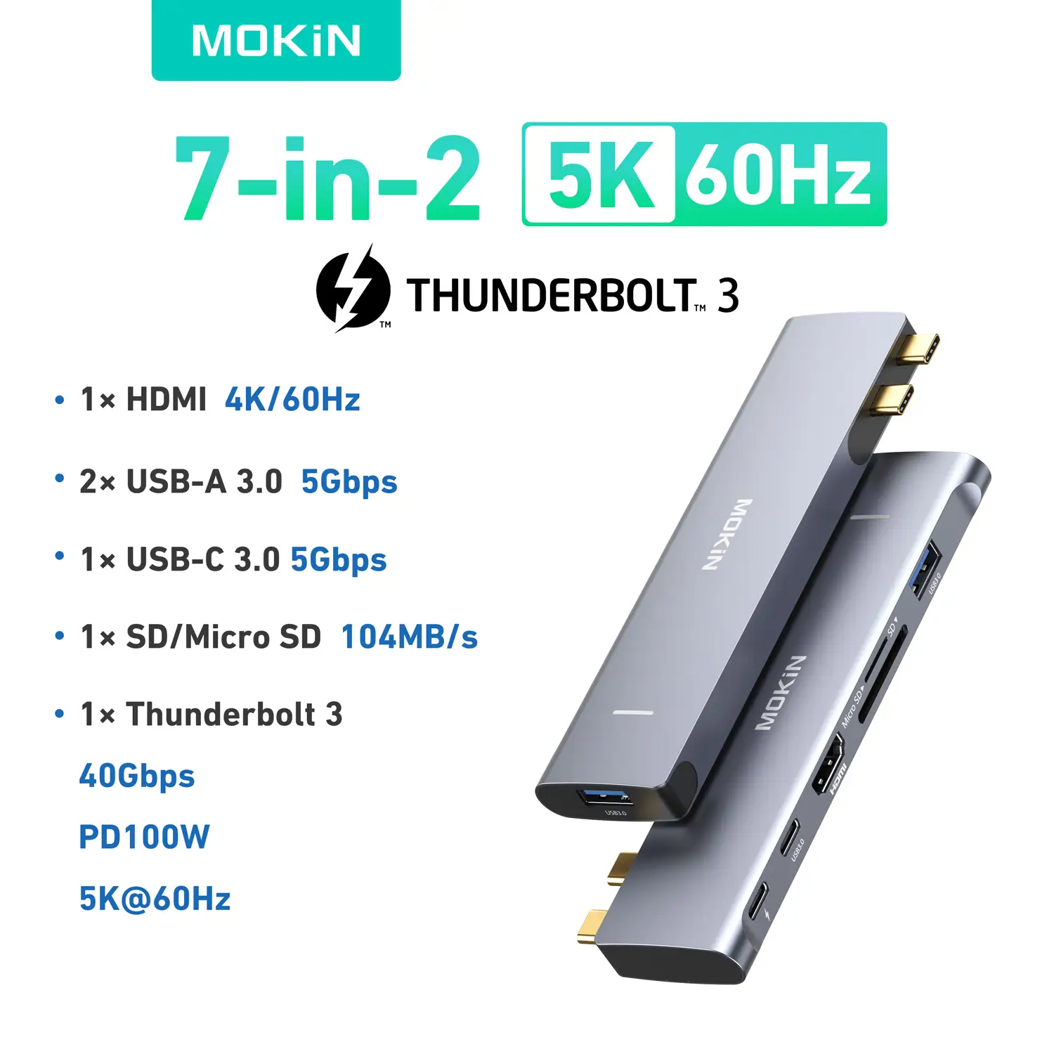 MOKiN 7 in 2 USB Hub Adapter, Mac Dongle for MacBook Pro/Air with 4K HDMI, 2x USB 3.0, TF/SD, USB-C 100W and Thunderbolt3