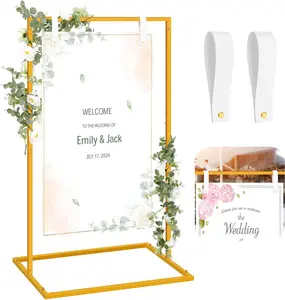 Adjustable Heavy Duty Wedding Sign Holder Wedding Welcome Sign Stand 50”x30”x20” Welcome to Our Wedding Sign Holder with 2 Leather Straps Easel Stand for Signs Metal Display Poster Holder for Ceremony Party(White, Gold)