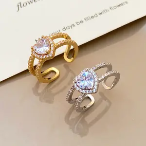 Viral Trend New Arrival Must-Have Women's Fashion Ring, Double Layer Heart Geometric Ring with Adjustable Design & Micro Paved Zircon, Light Luxury Euro-American Style, Ideal for Daily Wear, Party, Dating & Gifting