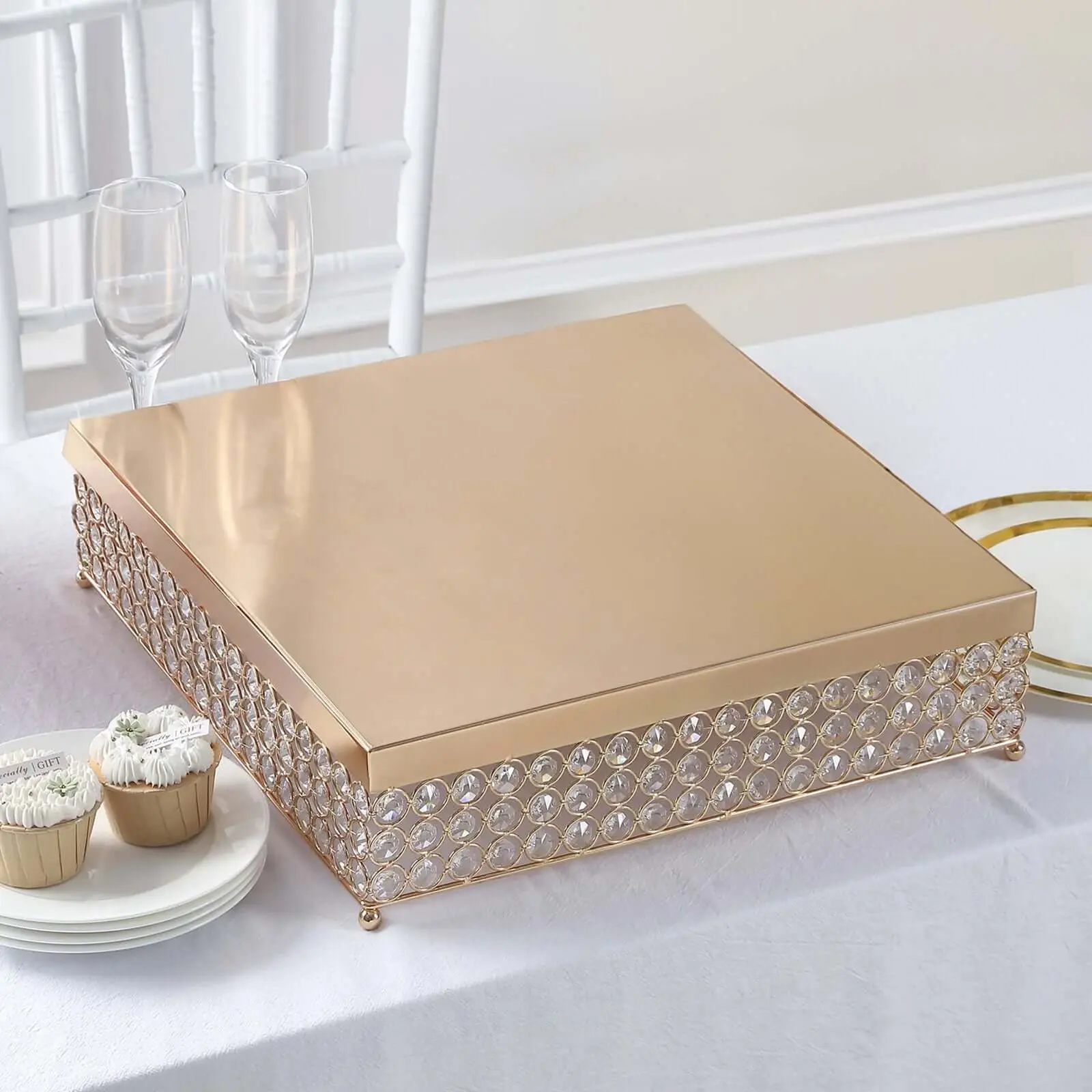 Metal Cake Stand Square Design with Crystal Beads Gold - Dessert Pedestal for Events 16", Party Cake Stand, Square Cake Display