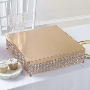 Metal Cake Stand Square Design with Crystal Beads Gold - Dessert Pedestal for Events 16"