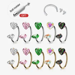 20G Titanium Heart Gems Horseshoe Nose Ring Free Auxiliary Tool Ball Holder Included - Piercing Jewelry