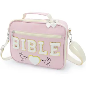 Chenille Letter Bible Case for Girls - Large Study and Church Bag Cover Purse Fits All Bibles - Cute Christian Carrying Tote with Shoulder Strap - Faith Accessories Gift for Teens and Women - Pink