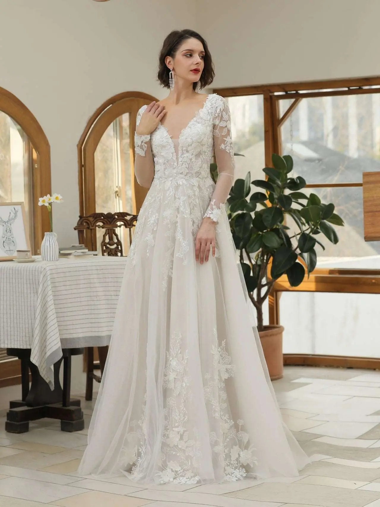 Women's Monica A-Line Wedding Gown - Sequin-Embellished Plunge Neckline, Floral Lace Detailing Bridal Dress, Elegant Wedding Dress, Women's Clothes, Fitted, Zip, Sequin Detail, Plunging, Full Sweep, Form-Fitting