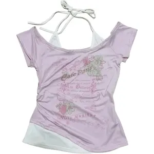 Y2k Women Grunge Top Emo 2000s Vintage Fake Two Piece Short Sleeve T Shirt Crop Tops Teens tank air Long Deep Neck Tie