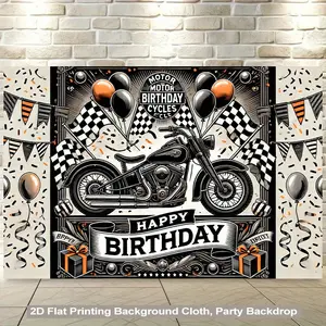 2D Flat, 1pc Motorcycle Birthday Party Backdrop - Happy Birthday Motorcycle Decoration with Motorcycle Graphic, Black & Orange Birthday Banner for Motorcycle-Themed Parties, Living Room, Bedroom, Office - No Electricity Needed, Easy Hang Wall Hanging