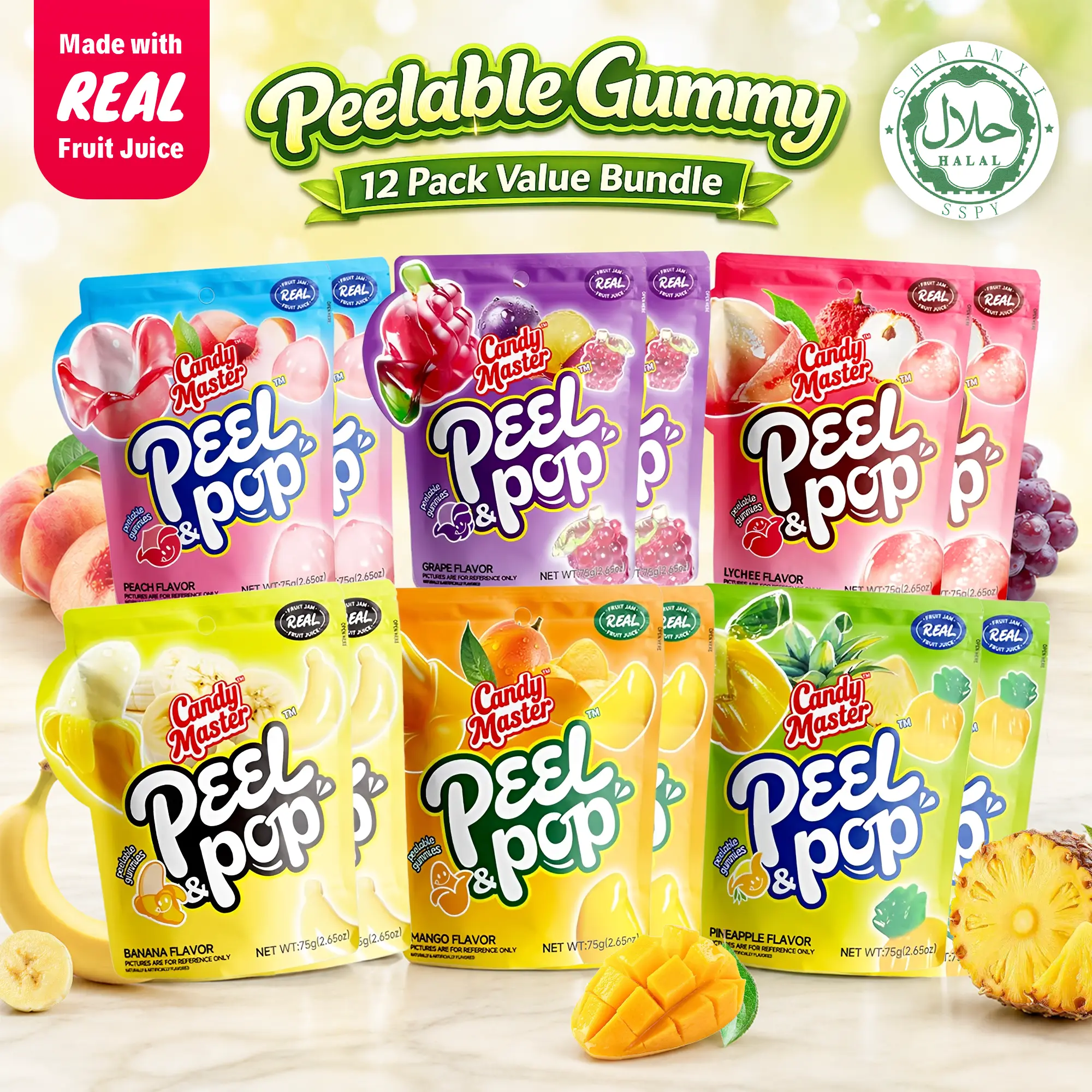 Candy Master Peelable Gummy Candy, 6 Fruity Flavors Sweets (Banana, Lychee, Grape, Peach, Mango, Pineapple), Fun & Sweet Snack,Juicy & Chewy Peel and Pop Halal Candy for Kids & Adults