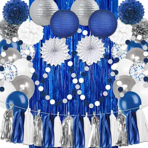 Navy Blue White Silver Party Decorations,46pcs Kit Balloon Paper Pompom Tassel Garland Men Blue and Silver Graduation Decorations Wedding Bridal Shower Birthday Decor