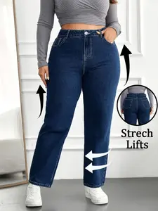Plus Size Women's Washed Casual Fashion Straight Leg Jeans, Elastic Fabric, for Dates, All Seasons Wear, Slim-Fitting