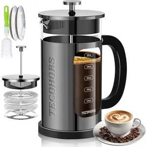 French Press Coffee Maker 34oz / 1 Quart 304 Stainless Steel Coffee Press,with 4 Filters System, Heat Resistant Thickness Borosilicate Glass, Brewed Coffee Pot (Bright Black)