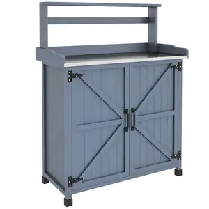 Gray Outdoor Wooden Potting Bench with Galvanized Plated Tabletop, Heavy-Duty Mobile Garden Workstation with Storage Cabinet & Shelves, Rust-Proof Planting Table for Backyard & Patio, Ideal for Soil Mixing & Repotting