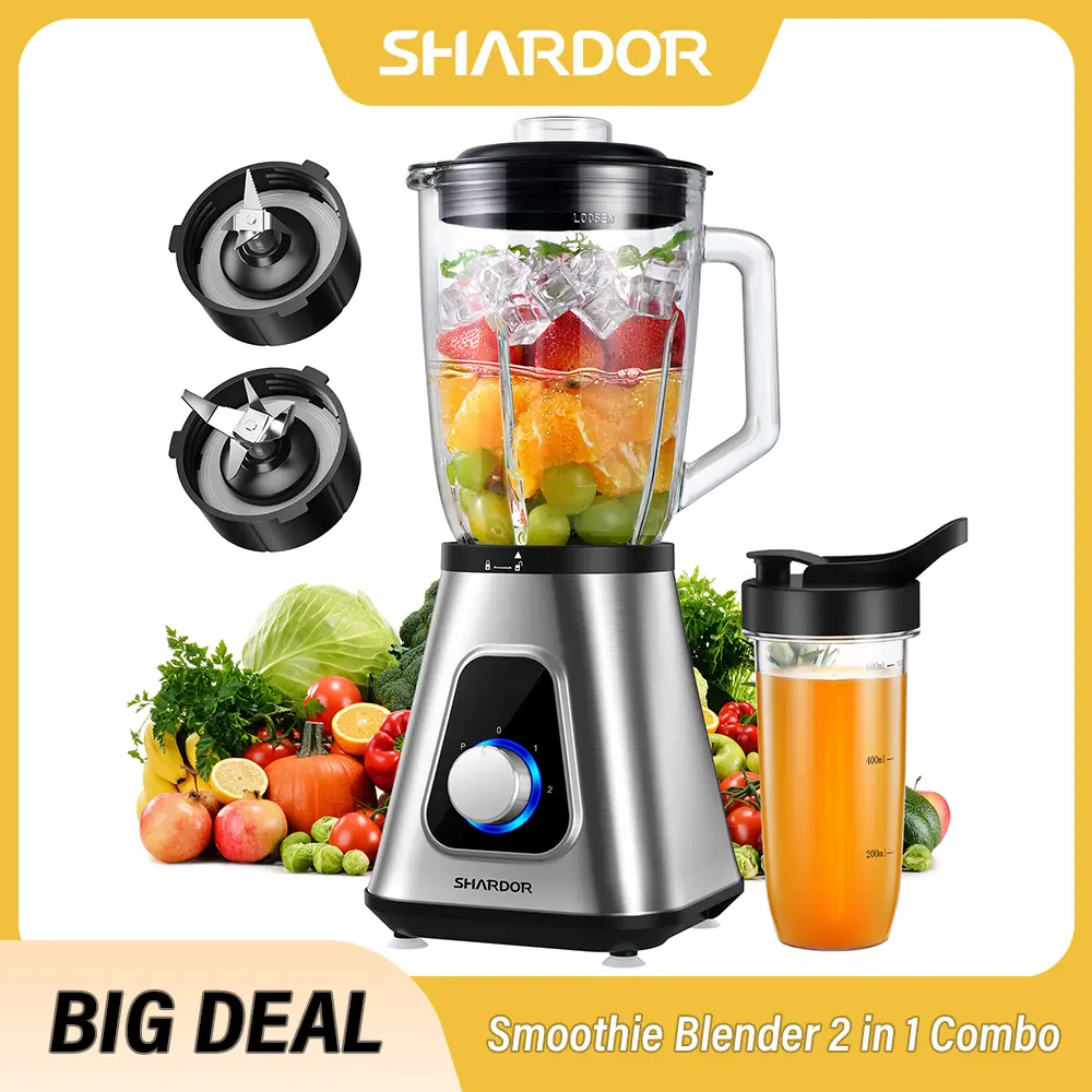 SHARDOR Powerful Countertop Jug Blender - 1200W, 52oz Large Main Jar, 22oz Jar, 3 Speed Settings, Self-Cleaning, US Plug, for Family Smoothies, Frozen Drinks