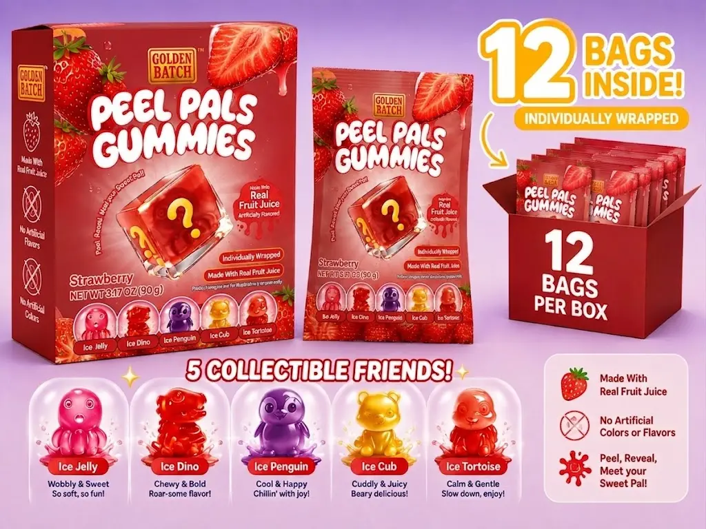 Golden Batch Peel Pals Gummies - 12 Individually Wrapped Bags - Strawberry Grape Lemon Orange Mango Flavors - Real Fruit Juice - No Artificial Colors or Flavors