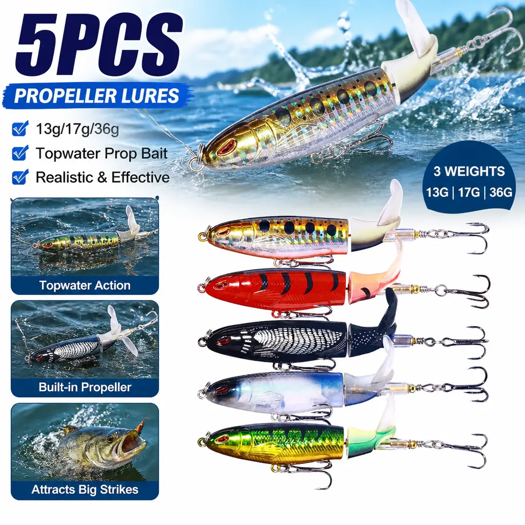 5 Pcs ABS Plastic Realistic Whopper Plopper Popper + Pencil Set Fishing Lures with Storage Box - Floating Bait, Rotating Tail Topwater Lures with Gravity Ball Sound, Strong Puncture Ability for Bass, Freshwater & Saltwater Use, Ideal for Anglers