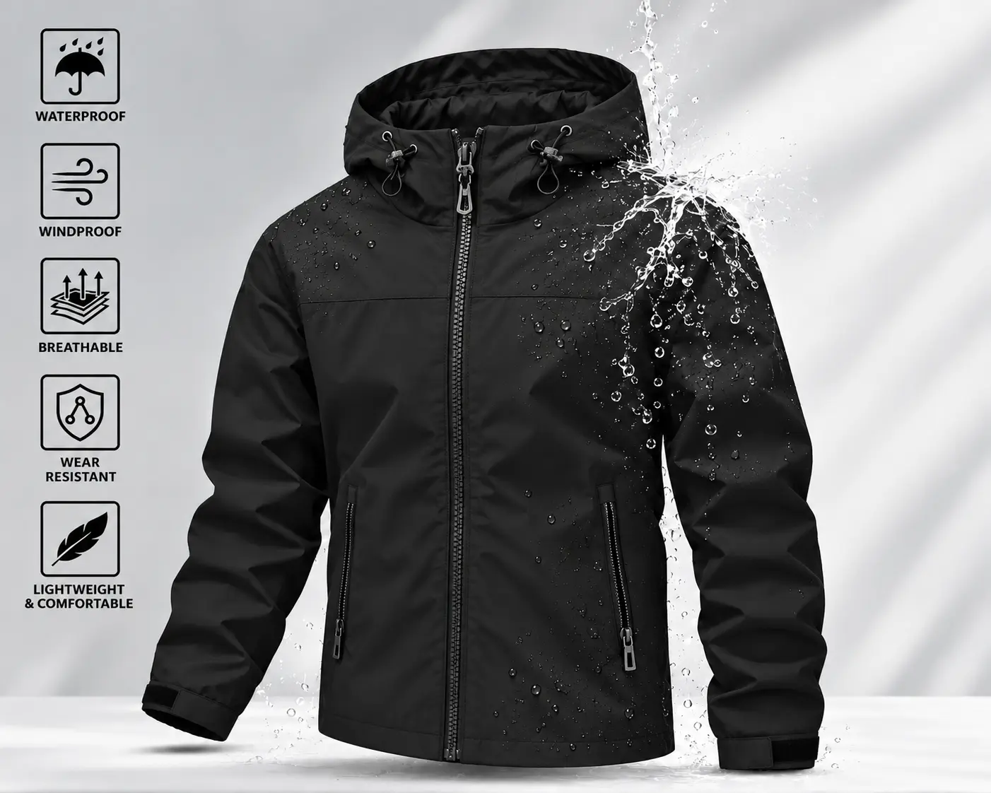 Unisex Waterproof Rain Jacket for Men & Women, Lightweight Windproof Hooded Windbreaker, Full Zip Outdoor Shell Coat with Elastic Cuffs, Breathable Casual Jacket for Hiking, Camping, Travel, Running, Fall Winter Daily Wear