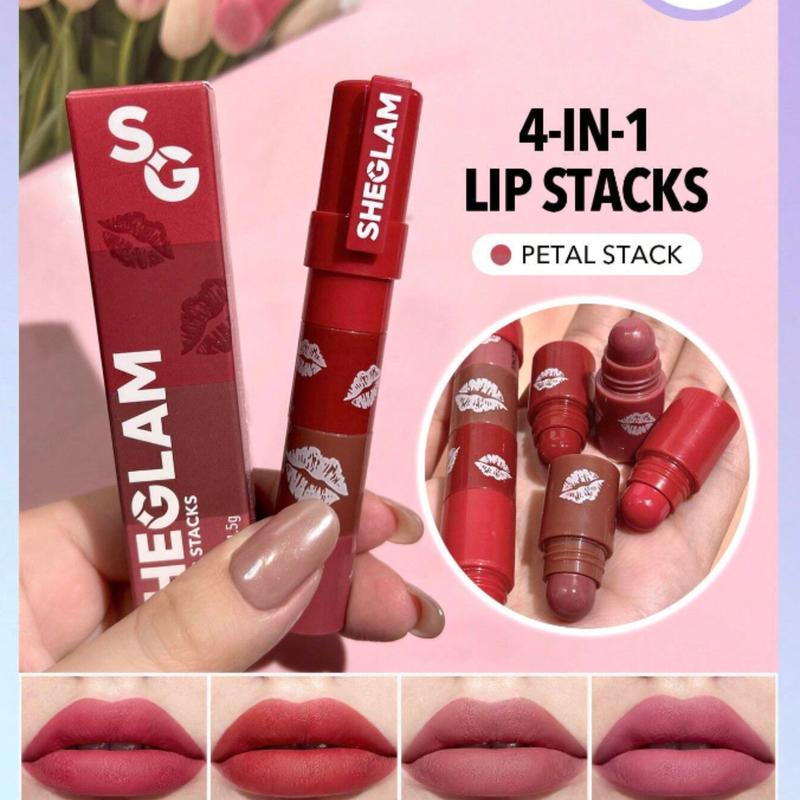 SHEGLAM Mega Lip Stacks-Pink 4 In 1 Creamy-Matte Red Lipstick Kit - Cosmetic