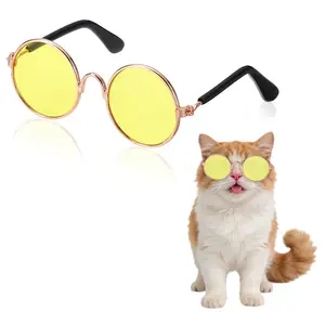 PETAXCELL Dog Sunglasses, Retro Dog Kittens Glasses Classic Metal Glasses Cosplay Costume Photo Props Cute Mini Eyewear, (Round, Yellow Lens), Intended for Cat/Puppies/Small Pets