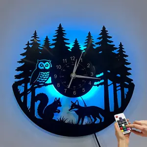 Forest Animals LED Night Light Vinyl Record Wall Clock Owl Squirrel Fox Silhouette Wall Art for Bedroom Living Room Decor (Battery Not Included)