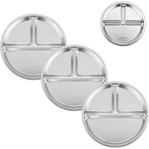 3 Pack Stainless Steel Divided Plates for Kids, 8.1" Portion Control Plates with 3 Compartments, Reusable Metal Dishes for Balanced Meals, Camping & Home Use