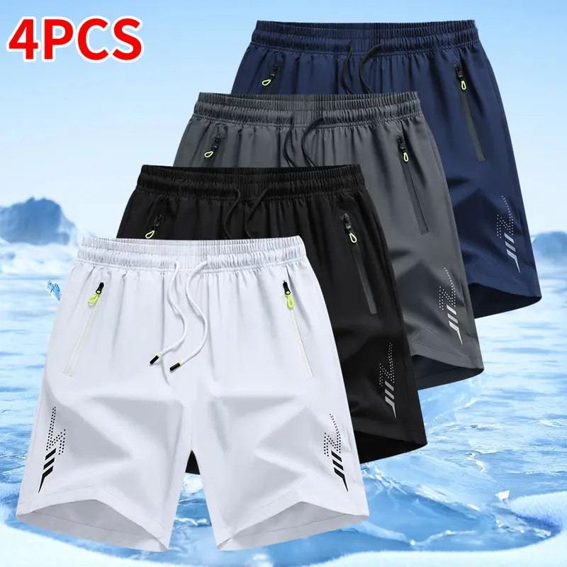 Men's 4-Piece Ultra-Light Fitted Quick Dry Casual Athletic Shorts - Elastic Adjustable Drawstring Waist, Zipper Pockets, Breathable Activewear Bottoms for Running, Gym, Outdoor