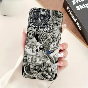 Black TPU Anti-Shock Slim Case for iPhone 17 16 15 14 13 12 11 Pro Max Plus Featuring a Money Art Urban Design.