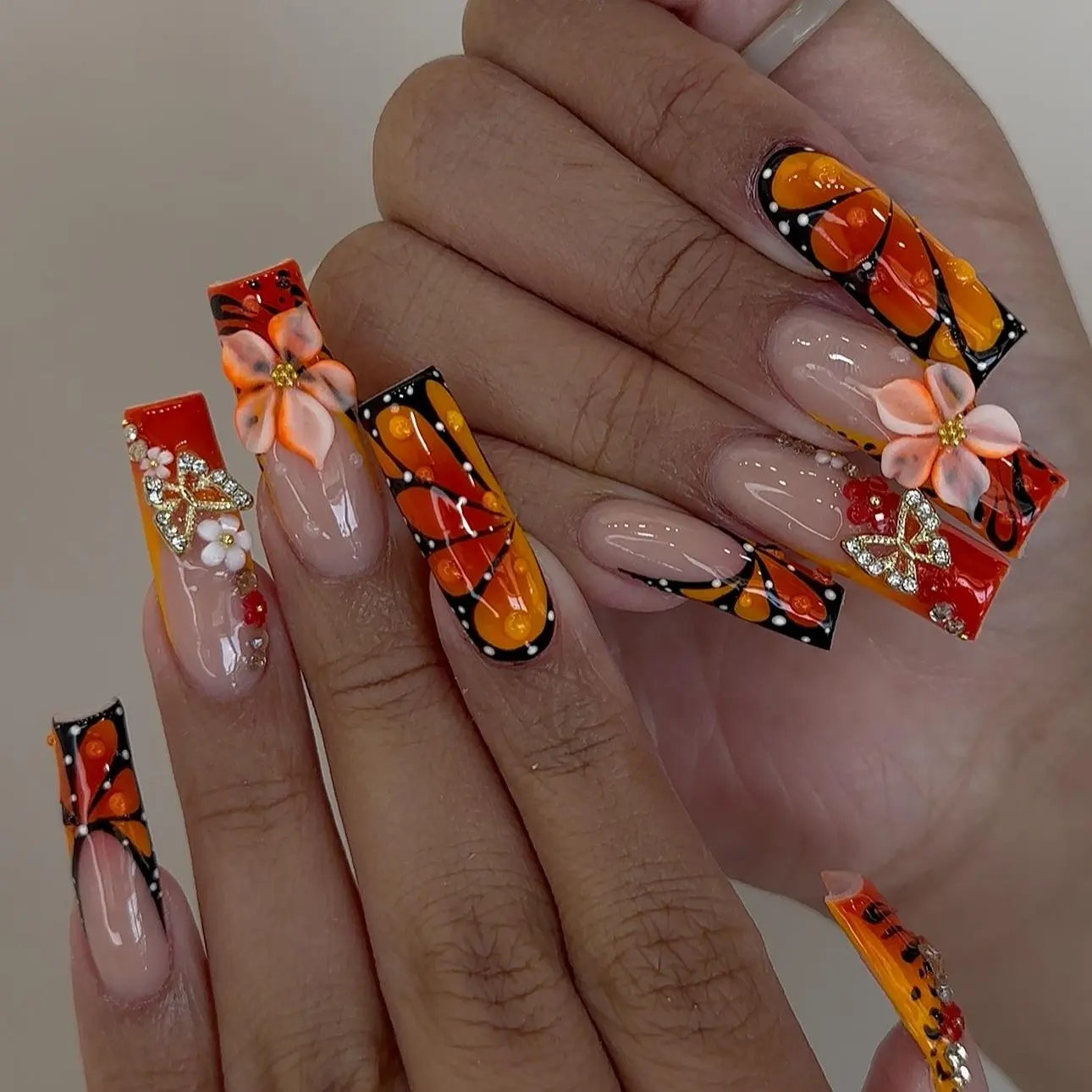 (MTO) BubbleNailArt Monarch Butterfly Wing 3D Hand-Sculpted Flower Orange Rhinestone Handcrafted Wearable Nail Art Fashion Hand Accessories